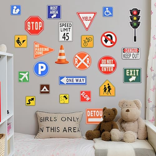 Road Signs Room Decor, 25 Pieces Traffic Sign Wall Stickers, Street Transportation Decals for Kids Bedroom Classroom Playroom Nursery Decoration