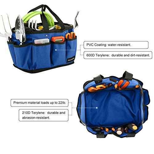 Housolution Gardening Tote Bag, Deluxe Garden Tool Storage Bag and Home Organizer with Pockets, Wear-Resistant & Reusable, 14 Inch, Blue