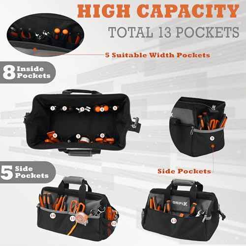 15 Inch Tool Bag, Wide Mouth Tool Storage Organizer with Large Pocket, Ergonomic Zipper & Soft Handle Heavy Duty Toolbag, Waterproof Cloth Tool Tote for Men Electrician Mechanic Carpenter