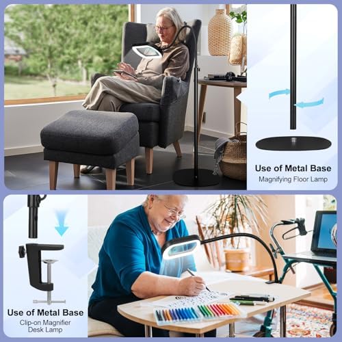 Drdefi 10X Rectangular Magnifying Glass with Light and Stand, 24" Flexible Gooseneck Floor Lamp, 5 Color Modes Stepless Dimmable, 3-in-1 LED Lighted Magnifier Light Hands Free for Reading Craft Sewing