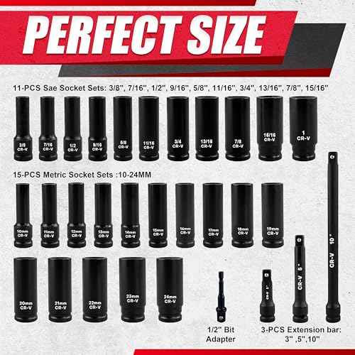 1/2" Drive Impact Socket Set, SAE and Metric, Cr-V Steel, 6 Point Deep & Shallow Sockets (30pcs 1/2" Socket Set)