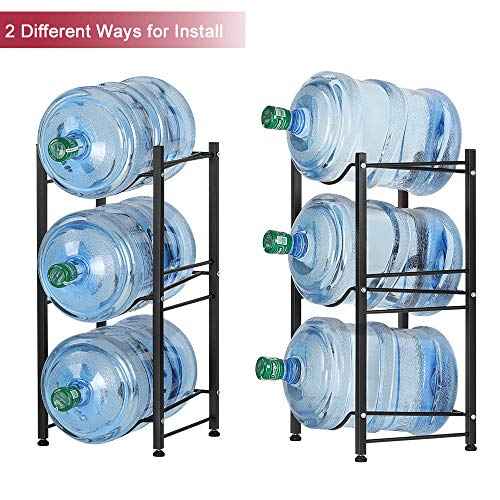 Water Bottle Storage Organizer - 5 Gallon Jug Holder Rack, 3-Tier Stackable Dispenser Stand for Office, Kitchen, Lobby, Foyer - Black