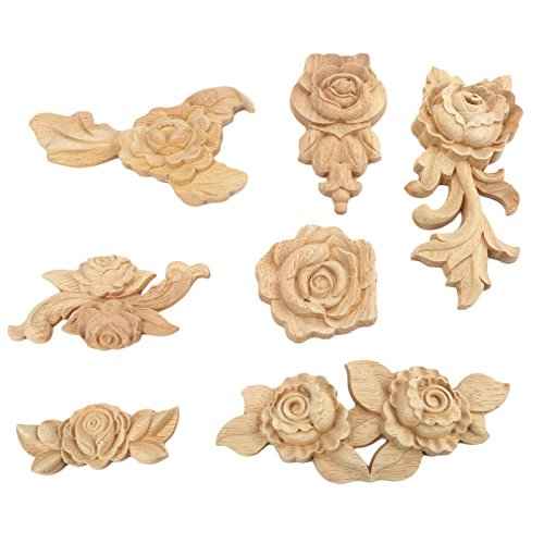 MUXSAM Rose Wood Carved Appliques Onlay, 2-Pack Unpainted Wooden Mini Decals for Cupboard Cabinet Wall Dresser Bed Mirror Mantels Fireplace Wardrobe Decor(15x6.5cm/5.91x2.56in)