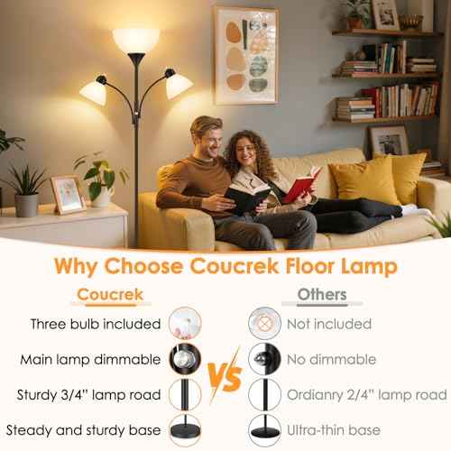 Floor Lamp for Living Room,72" Dimmable Torchiere Lamp with 2 Reading Lights for Bedroom, Black Tall Standing Room Lamp, 3 Bulbs Included