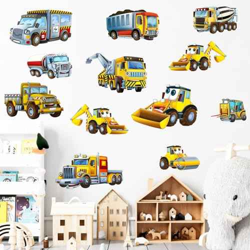 Large Construction Cars Wall Stickers 12 PCS Truck Wall Decals for Kids Room, Cartoon Excavators & Rollers Wall Decor Posters Lovely Vehicles Art Murals Decorations for Nursery Playroom