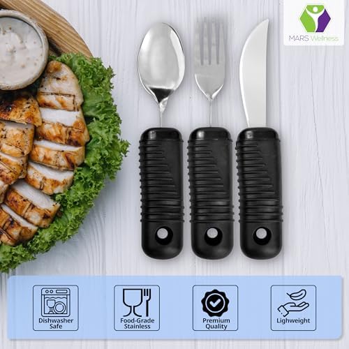 3 Piece Super Easy Grip Flatware Set - Bendable Built Up Utensils - Fork, Knife, and Spoon (Standard) - Black