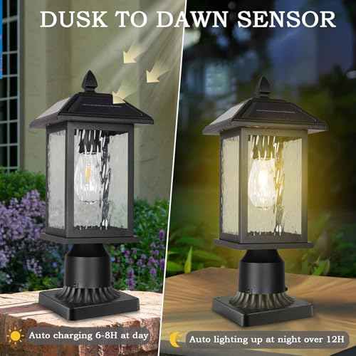 Solar Outdoor Post Light Fixture£¬Dusk to Dawn Modern Exterior Pillar Lantern with Black Finish & Water Ripple Glass£¬Waterproof Outside Pole Light for Garden, Backyard, Courtyard