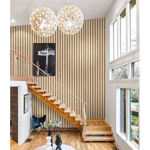 Hopepak Wood Slat Wallpaper Brown Peel and Stick Wallpaper for Bedroom 17.3''x118'' Modern Self Adhesive Removable Wall Paper Faux Wood Grating Stripe Contact Paper Vinyl