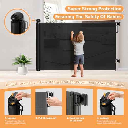 Retractable Baby Gates for Stairs, 55" Wide Mesh Baby Gate for Doorways, 34" Tall Dog Gate Suitable for Baseboards, Wide Child Gate for Hallways, Kitchen, Deck, Indoor & Outdoor, Black