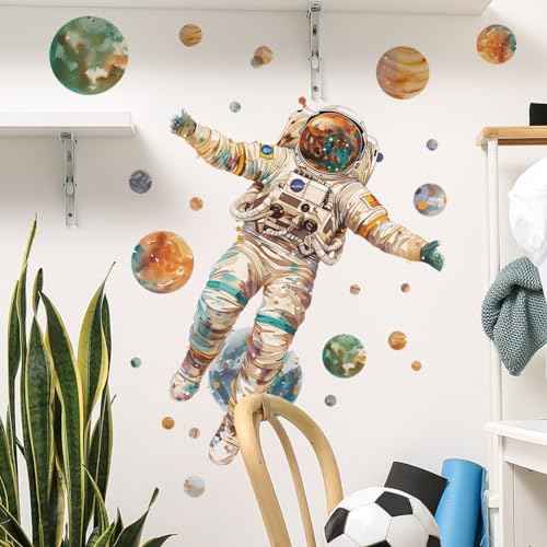 Astronaut Wall Stickers Large Cartoon Spaceman Outer Planet Wall Decals Creative DIY Art Vinyl Removable Art Decor for Kids Bedroom Playroom Living Room