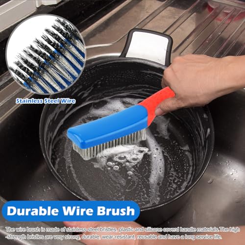 2 Pack Wire Brushes for Cleaning, 6.3inch Steel Wire Scratch Brush Heavy Duty Metal Wire Brush Cleaning Tool with Handle Grip(Blue+Red)