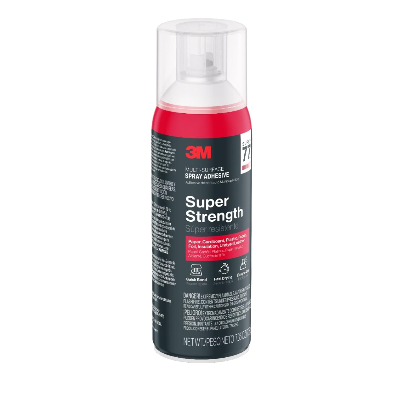 3M Super 77 Multi-Surface Spray Adhesive, 7.35 oz., Low VOC, Quick Bond, Fast Drying, Clear Finish for Foil, Foam, Paper, Metal, Plastic, Fabric, and Cardboard (77-10-NAT), 4-Pack