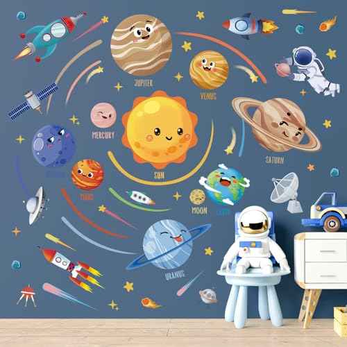 wondever Solar System Planet Wall Stickers Outer Space Astronaut Peel and Stick Wall Art Decals for Baby Nursery Kids Bedroom