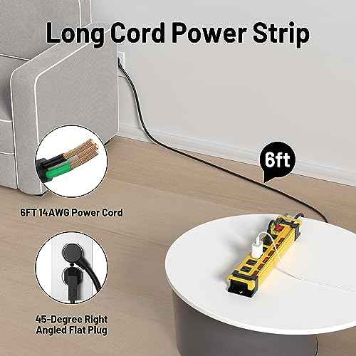 2 Pack Power Strip Surge Protector 2700J with Individual Switches and Flat Plug, 6 Outlet Heavy Duty Metal Power Strips with Cord Manager and Hook, Mountable 6FT 14AWG Extension Cord