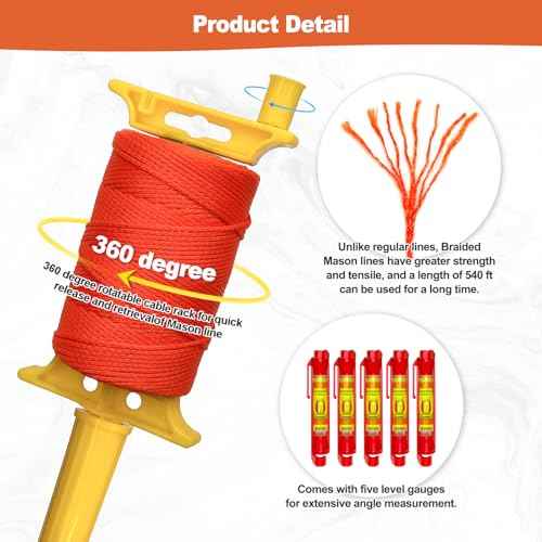 Mason Line String with Handle, #18 540 FT Braided Construction Nylon String Line, String Line Reel with 5 Built-in Levels for DIY and Gardening Work