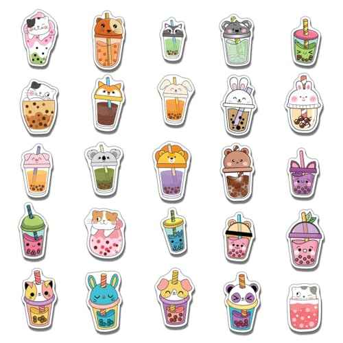 Pack 50 Pcs Cute Beverage Boba Tea Stickers for Water Bottles Waterproof Laptop Luggage Helmet Computer Teens Adults Girls Boys Funny Aesthetic Sticker Packs Small Vinyl Decals