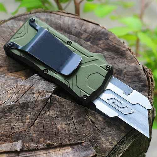 OTF Box Cutter Automatic Utility Knife Dual Action Out the Front (Contoured Green)