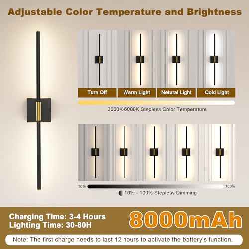 31.5 Inch Battery Operated Wall Sconce Set of Two, 8000mAh USB Rechargeable Wall Sconce with Remote Control, 360¡ÆRotate Dimmable 3000K-6000K LED Wall Lights for Living Room, Hallway, Bedroom, (2 Pack)