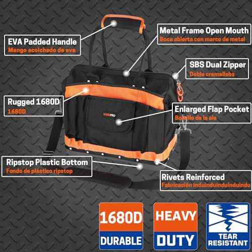 Wide Mouth Tool Bag, 16 Inch Heavy Duty Tool Bag with Multi-Pockets, Molded Waterproof Base for Plumbers, Electricians, Handymen