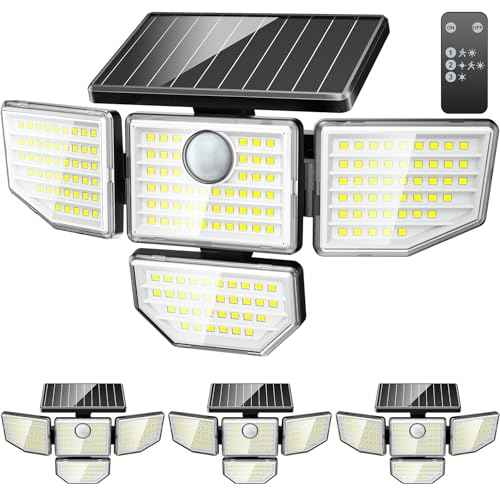 3000LM Outdoor Solar Light - Upgrade 4 Heads 188 LED Solar Motion Sensor Outdoor Lights, IP65 Waterproof Powered Light for Home Darkroom Backyard, 4 Pack