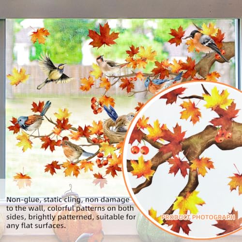 Autumn Maple Leaf Window Clings ? Double-Sided Thanksgiving Tree Branches with Birds & Nest, Removable Fall Glass Door Stickers for Home Bedroom Living Room Farmhouse Decor