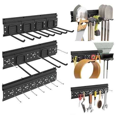 Garage Tool Storage Organizer Wall Mount, Heavy Duty Metal Garden Tool Rack Kit, 48inch Tracks with 16 Hooks for Shovel, Broom, Rake, Home, Max Load 600lb