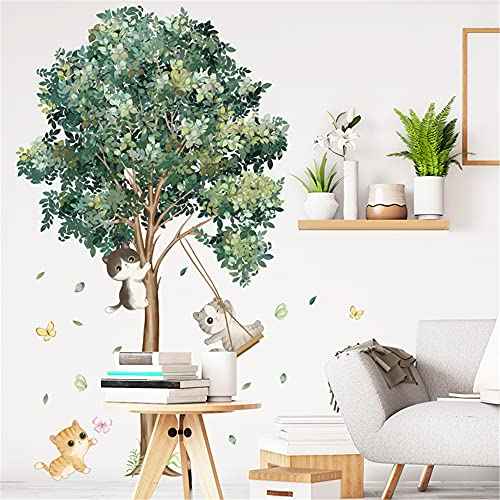 WAFT YEARN Removable Tree Green Plants Leaves Butterfly Flower Cat Hanging Vine Farmhouse Style Wall Decal Wall Stickers for Nursery School Classroom Bedroom Bathroom Boys Girls Room Playroom
