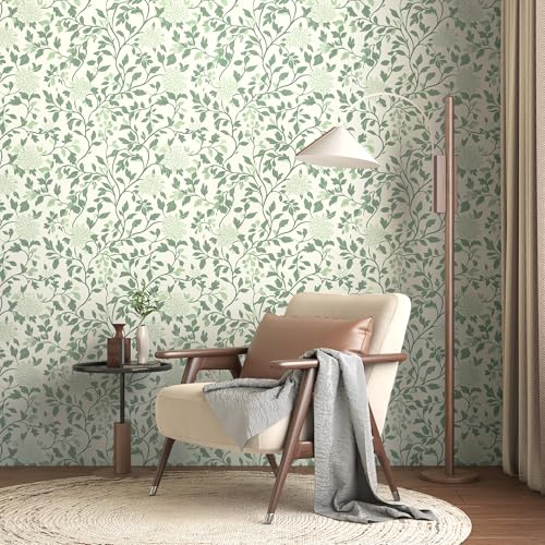 Leaf Peel and Stick Wallpaper Boho Contact Paper 17.3"x78.8" Green and Beige Floral Wallpaper Self Adhesive Removable Wall Paper Bathroom Decoration Wallpapers for Bedroom Vinyl Roll