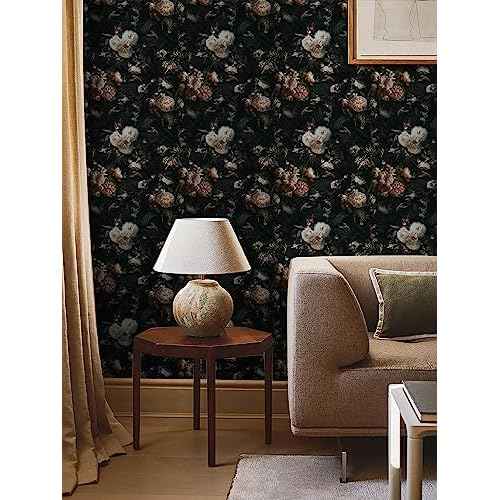 Floralplus Peel and Stick Wallpaper Removable Dark Floral Wallpaper 17.5 x 393 in Renter Friendly Wallpapers for Bedroom Accent Wall Black Floral Contact Paper Flower Wall Mural