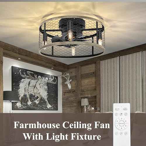 Ohniyou Caged Ceiling Fan with Light - 18'' Small Farmhouse Cage Ceiling Fan Remote Control, Flush Mount Rustic Ceiling Fan for Kitchen Bedroom