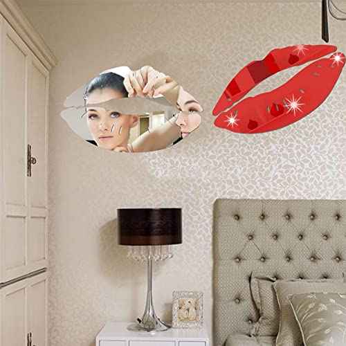 2 Sets 3D Large Lips Mirror Wall Stickers, Kiss Shape Wall Art Decals, Acrylic DIY Self-Adhesive Wallpaper Murals for Bedroom, Living Room, Bathroom Home Decor (Silver and Red)¡¦
