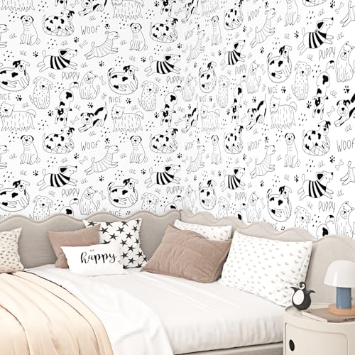 Black and White Dog Wallpaper Peel and Stick White Contact Paper Animal Nursery Wallpaper Fun Puppy Self Adhesive Contact Paper for Walls Kids Room Bedroom Cabinet Liner Dog Decor 17.5"x102"