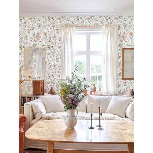 Orainege Pink Floral Peel and Stick Wallpaper Removable Self Adhesive Wallpaper 16.9inx118.1in Modern Wall Paper for Bedroom Bathroom Green Leaf Contact Paper for Cabinets