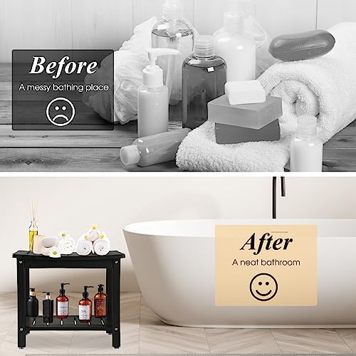 HDPE Shower Bench, Shower Stool with Storage Shelf 2-Tier Spa Stool for Inside Shower,Water Resistant & Non-Slip Design Shower Seat (Black L Size)