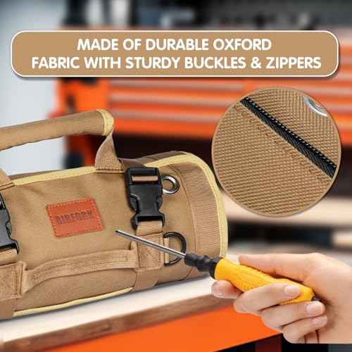 Roll Up Tool Bag, Heavy Duty Tool Organizer Bag, Portable Tools Bag with 6 Tool Pouches for Mechanics, Electricians, DIY Projects, Gifts for Men Dad Husband (Khaki)