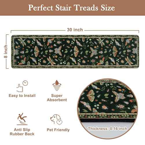OJIA Insect Print Stair Treads Non Slip Stair Runners for Wooden Steps Indoor, 15PCS 8"x30" Rubber Backing Carpet Treads for Wood Stairs Staircase Step Treads for Kids & Dogs, Stair Covers, Black