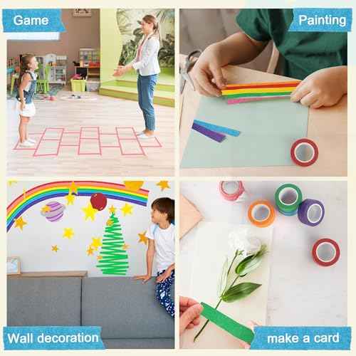 Colorful masking tape for arts and crafts, handmade labels, painters tape, painters tape, kids art supplies. Each roll is 1 In x 14.2 Yards (2.5cm x 13m), 7 rolls of different color tapes in a box.