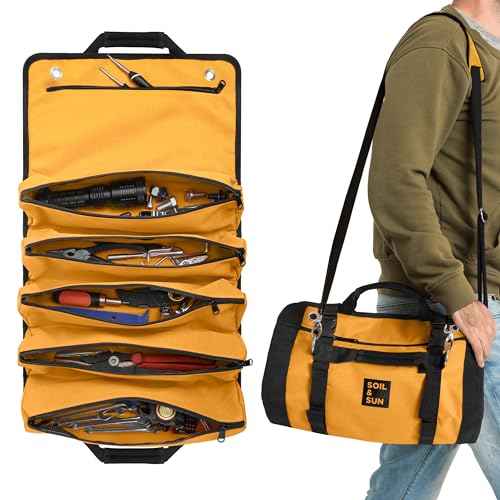 Soil & Sun Heavy Duty Tool Roll Bag Organizer - Travel roll up tool bag with 6 Zip Organizer Pouches - Compact Portable Tool Bags for Men, Contractors, Plumbers, Electricians - Man Gifts for Dad