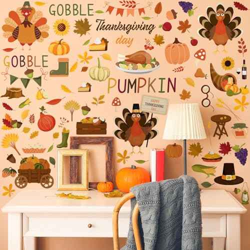115 Pcs 6 Sheets Thanksgiving Wall Decals Fall Wall Stickers Thanksgiving Maple Leaves Turkey Pumpkin Stickers Fall Window Clings Decoration for Bedroom Living Room Home Decor(Pumpkin)