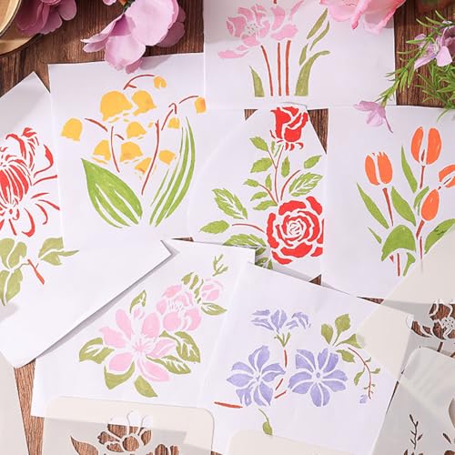 12PCS Flower Stencils, Rose Lotus and Tulip Pattern Wall Stencils for Painting, Floral Stencils for Crafts Reusable Drawing Aids