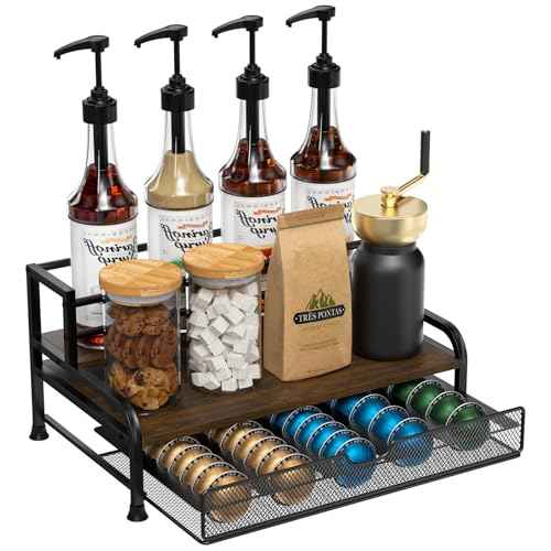 Coffee Syrup Rack Organizer, 3-Tier 8 Bottles Syrup Rack with Pod Holder Drawer for Nespresso Pods, Holds up to 30 Big or 40 Small Capsules, Countertop Coffee Bar Organizer for Kitchen Cafe