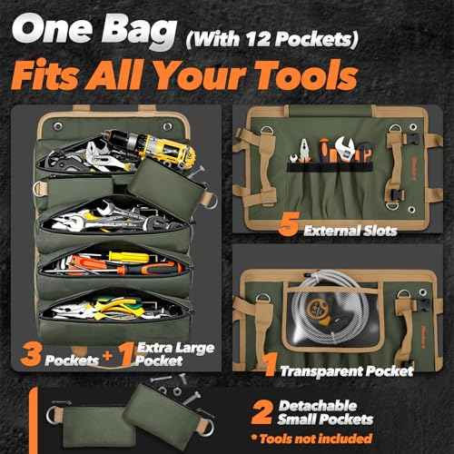 Gifts for Men, Stocking Stuffers for Adults Men Roll Up Tool Bag, Mens Gifts for Christmas Birthday Gifts for Dad Husband Him, Heavy Duty Portable Tool Organization for Mechanic Welding Electrician