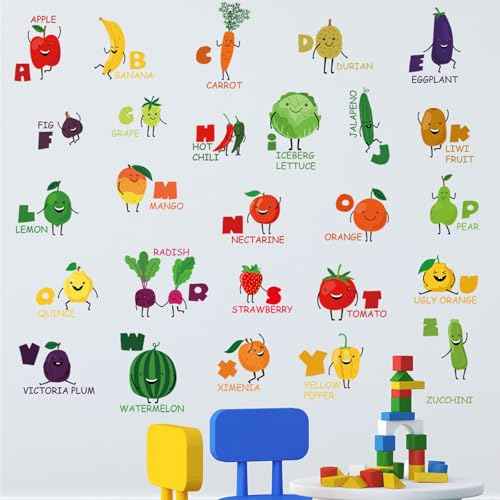 Fruit Vegetables Alphabet Kids Wall Stickers Wall Decals Peel and Stick Removable Cartoon Wall Stickers for Kids Nursery Bedroom Living Room Decor