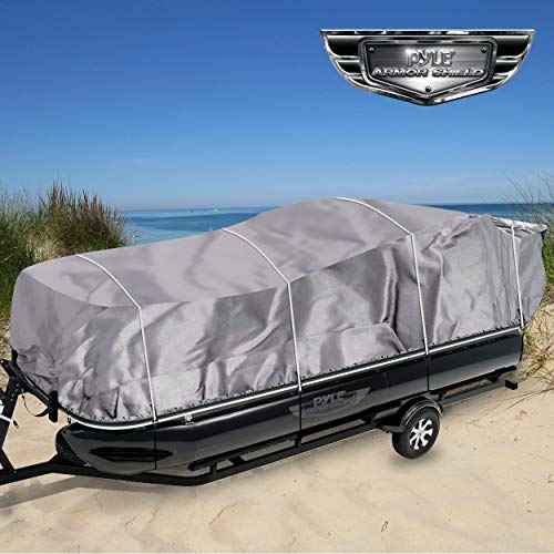Pyle Boat Cover for Deck & Pontoon Boats 21?24 ft ? Heavy Duty 300D PU Coated Marine Grade Polyester, Waterproof, UV & Weather Resistant, Fits Beam up to 94", with Storage Bag ? Gray