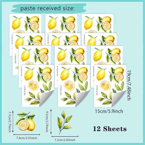 12 Sheets Lemons Wall Stickers, sacinora Lemon DIY Fruit Wall Decals Removable Vinyl Peel and Stick for Kitchen Dining Restaurant Bar Furniture Refrigerator Art Home Decorations