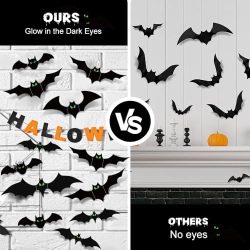Halloween Bats Decorations Indoor - 110 Pcs With Glow in The Dark Eyes, 3D Wall Decor, 5 Styles, 136 Pcs Double-Sided Tape Included