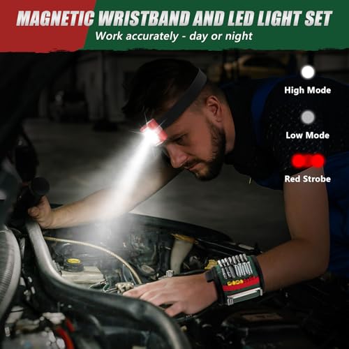 Magnetic Wristband, Tool Belt Wrist Band with LED Light, 15 Powerful Magnet, Adjustable Wrist Screws Holder, Stocking Stuffers for Men, Birthday Gifts for Dad, Him, Mechanics, Woodworker, Handyman