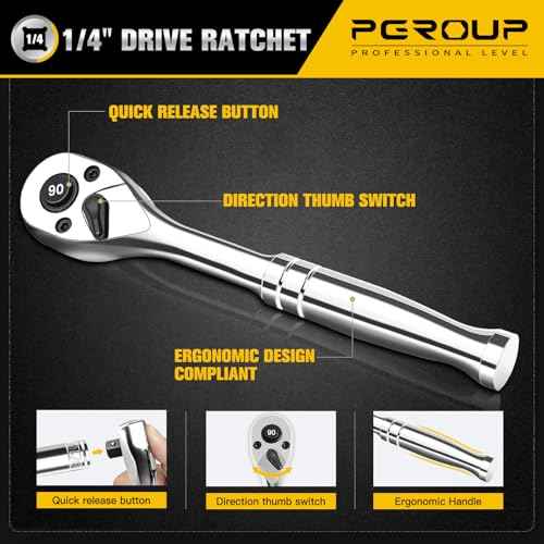 1/4-Inch Drive Ratchet Wrench, 90-Tooth Quick-release Reversible Ratchet Wrench with an Extension Bar(2 inch), 5" Long Socket wrench, 4-Degree Swing, Full Polished,Cr-Mo Head For Gifting,Repairing
