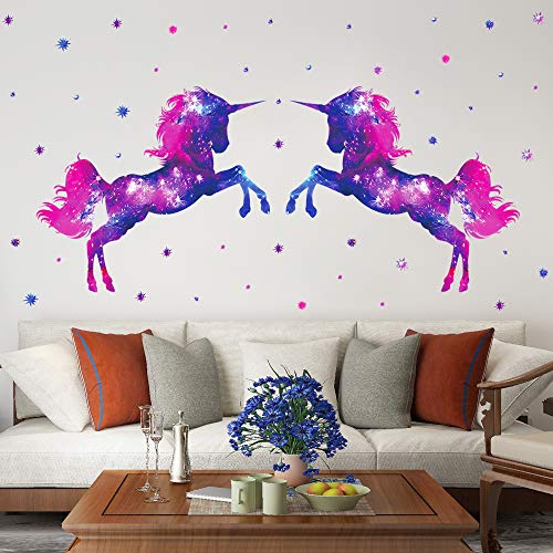 RW-D80 Dream Galaxy Purple Unicorn Wall Decals Removable Unicorn Wall Stickers with Glowing Stars Peel and Sticks Wall Art Decor for Kids Boys Girls Bedroom Nursery Bedroom Party Home Decoration