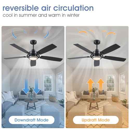 54" Black Ceiling Fans with Lights and Remote,Modern Led Ceiling Fans with Quiet DC Motor, Dimmable 6 Speeds Reversible for Living Room Patio Kitchen